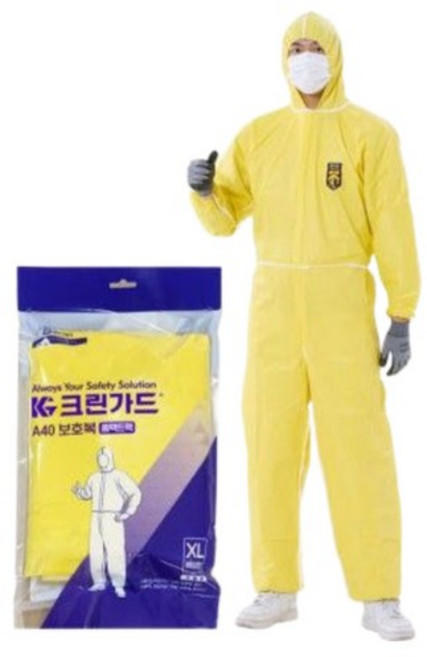 크린가드 보호복 A40 후드 노랑 XL 특대형 43402 1벌 일회용작업복 방진복 방역복 방호복 옐로우, 없음, 없음
