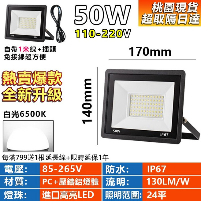 LED投射燈 探照燈 人體感應燈 工作燈 廣告燈 投光燈 110V 220V, 1個, 50W白光（4年保固）