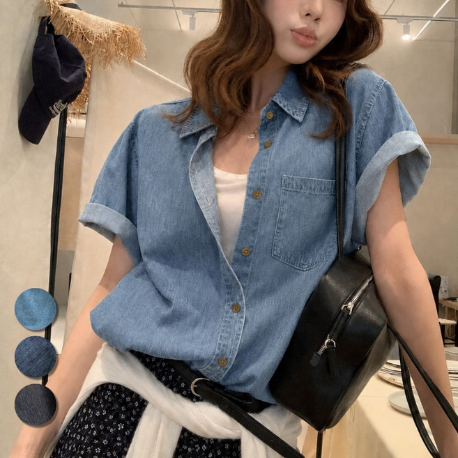핏몬 여성 오버핏 빈티지 데님 스티치 여름 반팔 청 셔츠