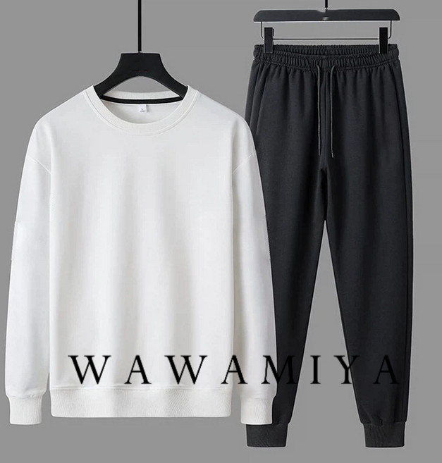 남성 캐주얼 트레이닝 세트 라운드 맨투맨 긴팔 티 티셔츠 + 조거 팬츠 운동바지 상하의 세트 WAWAMIYA