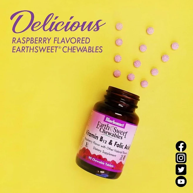 블루보넷 뉴트리션 EarthSweet 비타민B12 엽산 천연 라즈베리맛 츄어블 180정, 1개 - 쿠팡