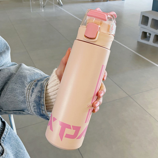 DFMEI 땡땡이 텀블러 304 스테인리스 물컵 대용량 남녀 스포츠 휴대용 컵 야외 물병, 꽃가루 550ml, 1개