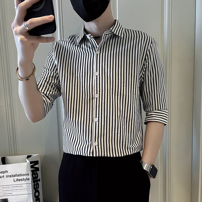 【痞帥百搭】條紋襯衫 男士襯衫 潮牌襯衫 休閒襯衫 七分袖襯衫 夏季薄款 高級感設計 商務休閒兩穿