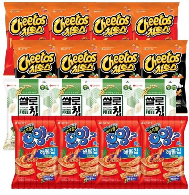 오잉 해물칩 75g x4개+치토스 2종(매콤달콤바비큐)x4+쌀로별 들기름 김맛 50g x4, 없음, 1.156kg, 1세트