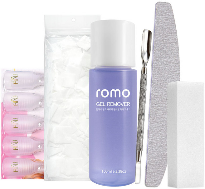 로모 필요한것 다 담은 젤네일 지우는 용품 6종 쏙오프 젤리무버 클립 메탈푸셔 화장솜 네일 샌딩 파일, 1개, 100ml