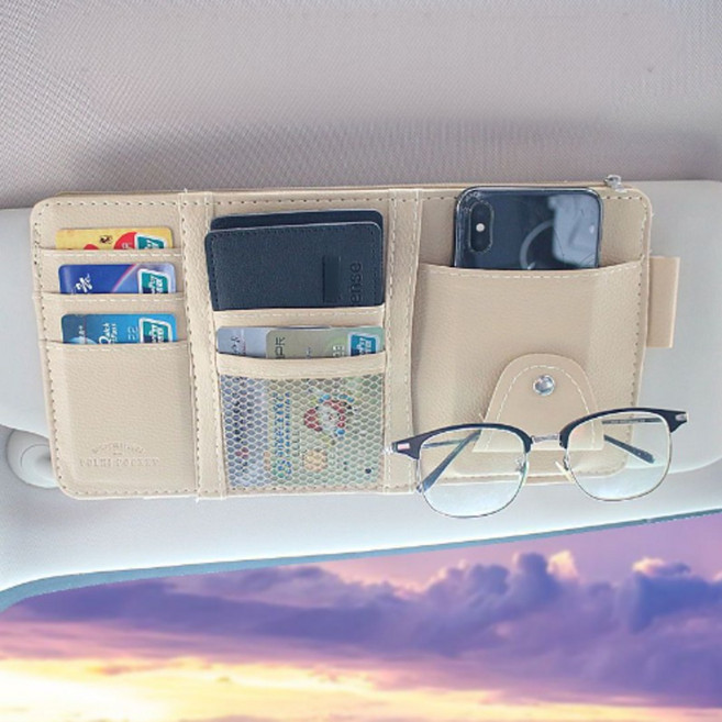 토비크 차량용 다기능 썬바이저 수납포켓, 연베이지, 1개