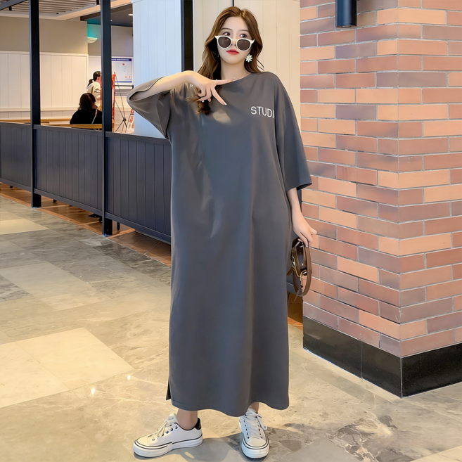 100KG까지 빅사이즈 여성용 여름 루즈핏 날씬해 보이는 심플한 프린트 발목까지 미디 길이 밑단 트임 캐주얼 원피스