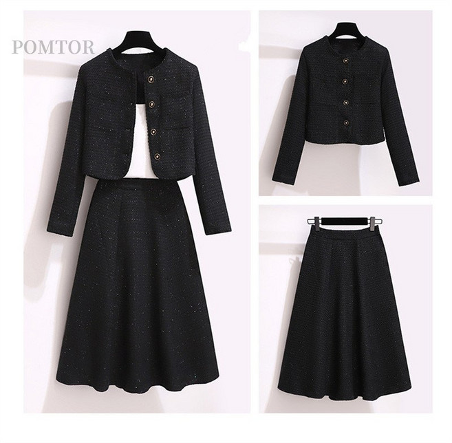 POMTOR 여성 빅사이즈 정장 치마 세트 봄가을 정장자켓+주름 스커트 상하의 세트