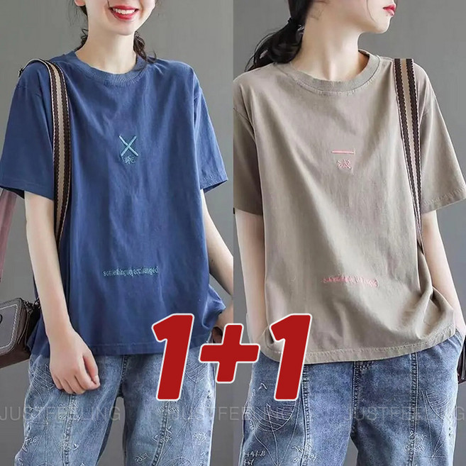 1+1 여자 여름 반팔티셔츠 캐주얼 자수 상의 캐주얼 루즈핏 여성티 반팔티 JUSTFEELING