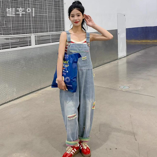 별후이 여성용 데일리 찢어진 와이드 데님 멜빵바지 청점프슈트