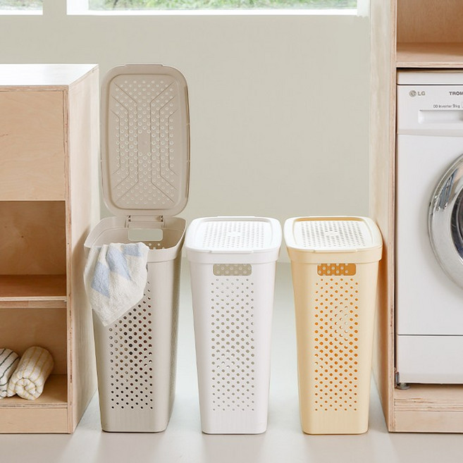 네이쳐리빙 도트패턴 슬림 틈새 빨래바구니, 버터