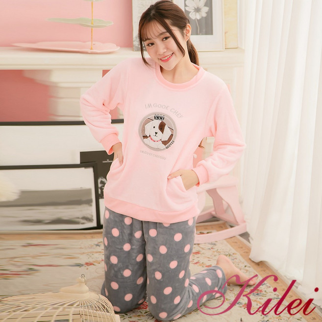 【Kilei】女生睡衣套裝 Q版狗狗貼布水貂絨長袖睡衣組XA3854