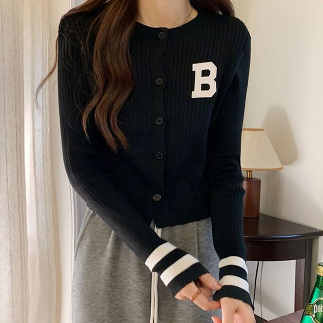 여성 패션 슬림핏 알파벳 자수 니트가디건