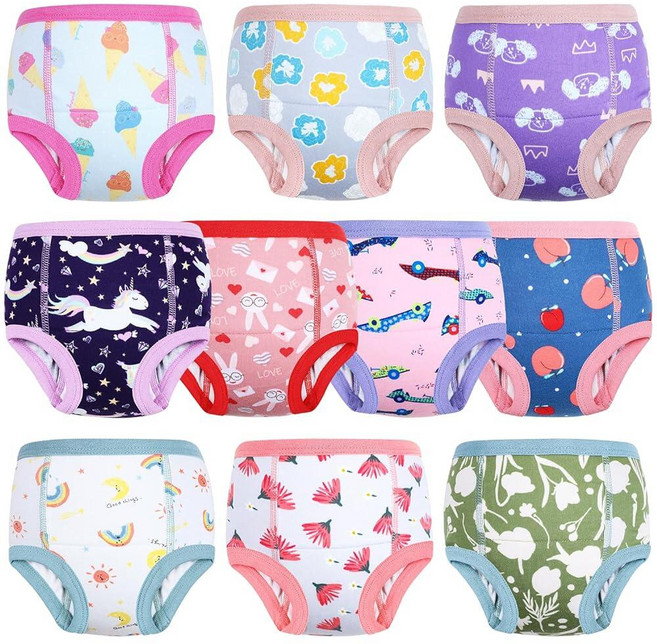MOEMOE BABY 훈련 속옷 10팩 흡수성 배변 훈련 바지 남아 및 여아용 면 소변 바지 2-9T 초록색. 만2세