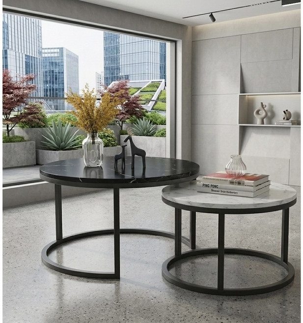 Aura 6종 인테리어 거실테이블 커피 테이블 원형테이블 세트 접이식수납 디자인 튼튼하고 고급스러운 쇼파테이블, 블랙+화이트(블랙)