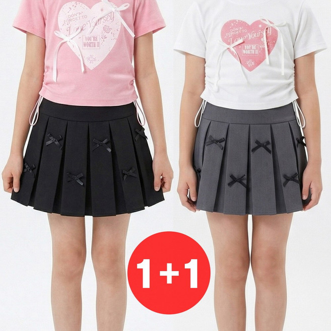 지디오 주니어 여아 플리츠 스커트 2개 세트 리본 뒷밴딩 치마 초등학생 여름 하의