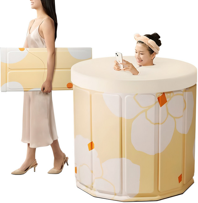 25년 최신형 특대형 블레오 폴딩 반신욕 접이식 욕조 덮개 포함, 1개, 옐로우플라워