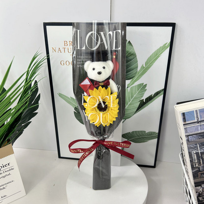 올리브파티 학사모 곰돌이 인형 조화 졸업식 수료식 꽃다발, 1개, A타입_블랙