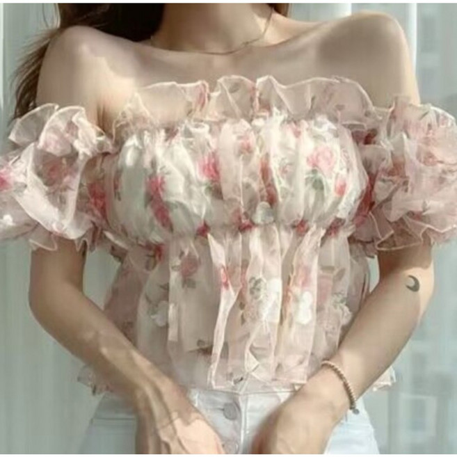 예쁨시전 러블리 플라워 셔링 오프숄더 크롭탑
