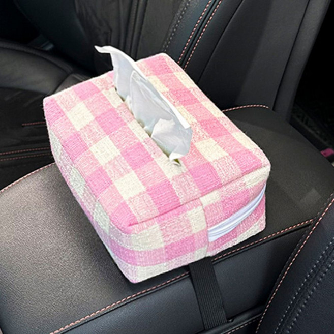 티쯔 차량용 체크 티슈 케이스 암레스트 헤드레스트 화장지 캠핑용 휴지걸이, 핑크, 1개