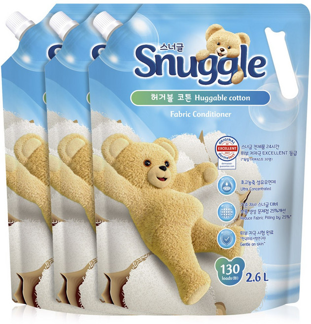 스너글 초고농축 섬유유연제 오리지널 허거블 코튼 리필, 2.6L, 3개