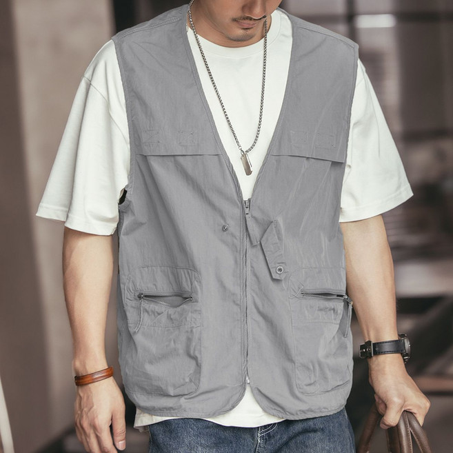 男士夏季輕薄透氣工裝馬甲 戶外露營風背心, 1個, 灰色XL 建議95-125斤