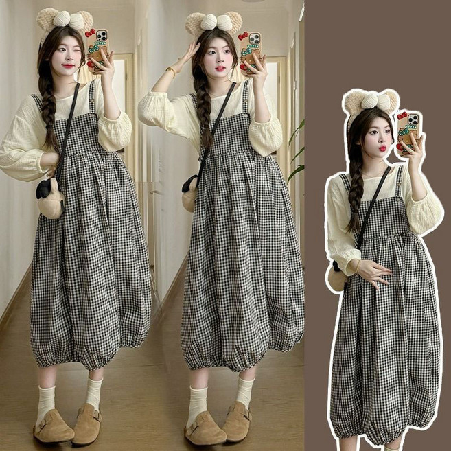 봄 가을 임산부 원피스 세트 캐주얼 패션 임부복 루즈핏 임부 투피스 세트 기질 긴팔 블라우스 + 체크 나시 원피스 투세트 WXY