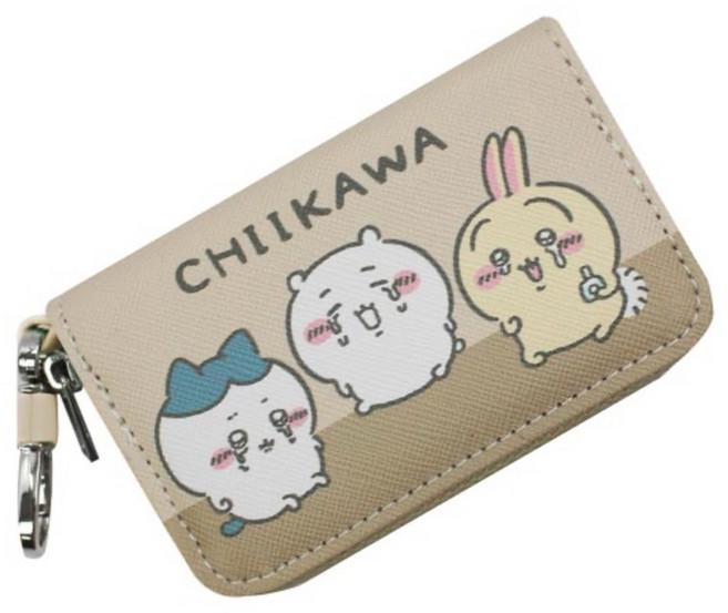 吉伊卡哇 CHIIKAWA 萬用皮套鑰匙包 可愛卡通圖案 附鑰匙圈 烏薩奇小八貓設計, 咖啡色