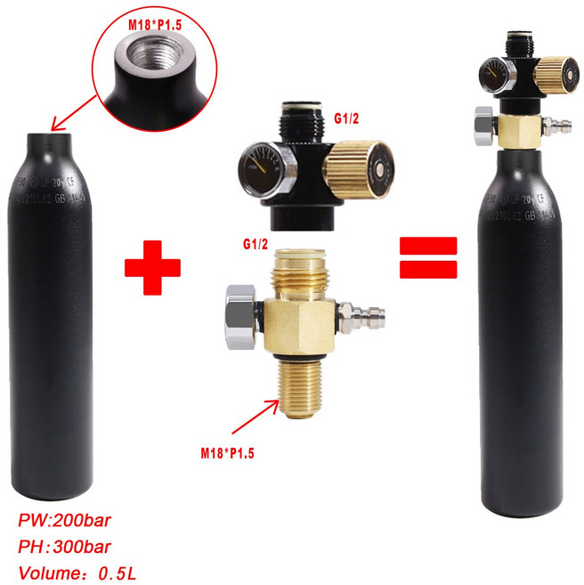 OBKEY 0.38L 0.5L 탱크밸브 조절기 출력 0-5000psi CO2 리필 페인트볼 HPA PCP 공기총 소방 스쿠버다이빙, 0.5L 세트 M18