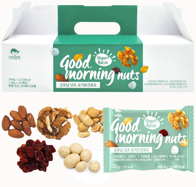 굿모닝너츠 하루한줌견과 건포도요거트 1박스(총25봉), 추석 명절 선물세트 굿모닝너츠 하루한줌견과 건포도요거트, 500g, 1박스