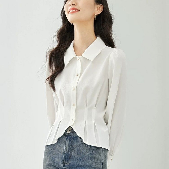 Makone 여성 프렌치 셔츠카라 심플 날씬허리 플리츠 버블슬리브 셔츠 블라우스