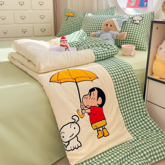 짱구는 못말려 짱구 여름 이불 시원한 침대 시트 베개 커버 한쌍 세트 세탁 가능 순면 선물, 180x220이불+230x240시트+베개커버, 그린