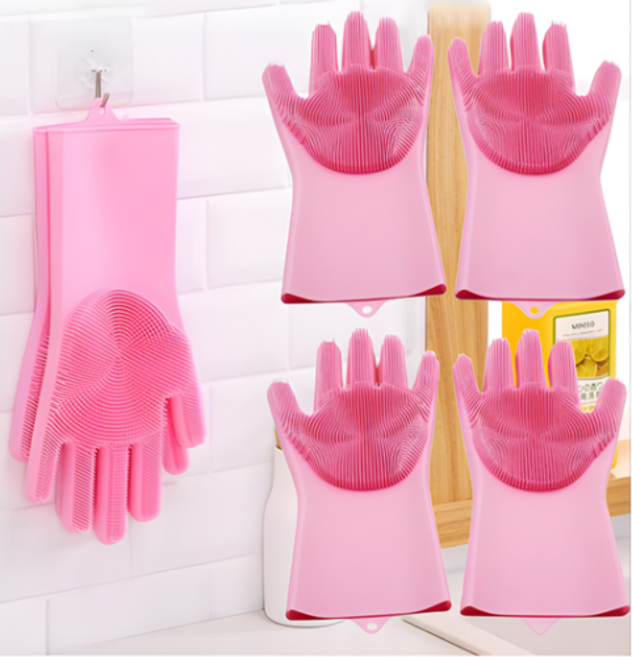 파트마 실리콘 수세미 장갑 2p 고무 주방 설거지 애견, 2개, 핑크