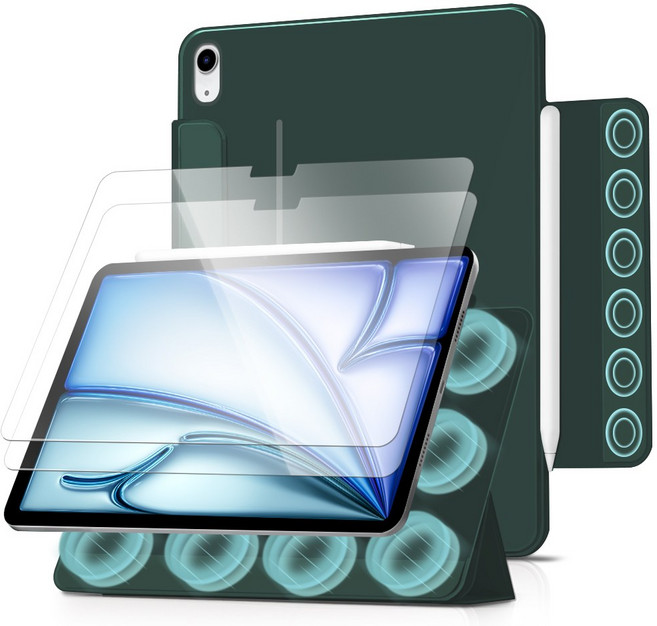 더조은셀러 아이패드 호환 3단 폴리오 마그네틱 케이스 2매입 유리필름 포함, 다크그린, 1개