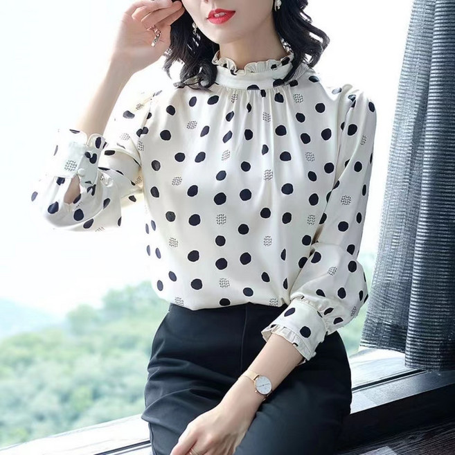 해피유통 여성 봄 가을 긴팔 블라우스 폴카 도트 무늬 하이넥 러플 블라우스