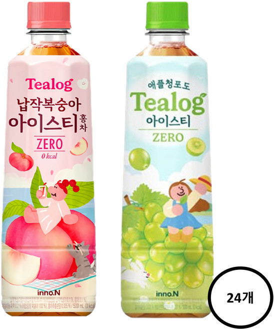티로그 아이스티 500ml(납작복숭아홍차 12개+애플청포도 12개)24개, 500ml, 12개