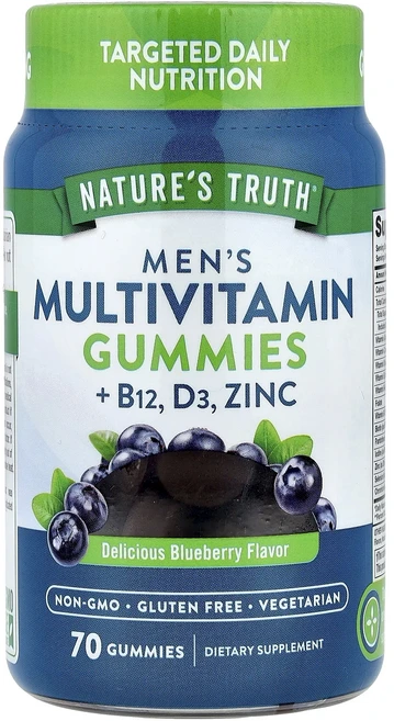 단백질 비타민 철분 마그내슘 칼슘 Nature's Truth 남성용 종합비타민 구미젤리 + B12 D3 아연 맛있는 블루베리 구미젤리 70개 고루고루섭취해주세요, NaturesTruth남성용종합비타민구미젤리B12D3아 - 쿠팡