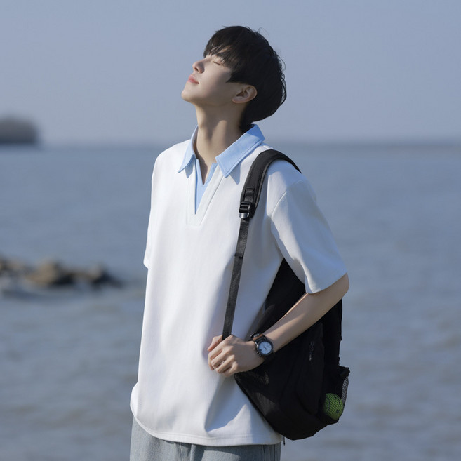 ANYOU 남성 오버핏 V넥 반팔 티셔츠 캐주얼 배색 2in1 투피스 디자인 티셔츠