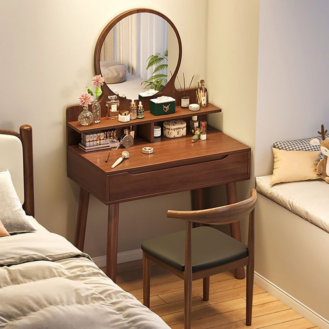 LED 수납 화장대서랍장 원룸 침실 화장대 세트 심플 고급 미니 화장대, 진한 갈색(1개의 서랍+의자)