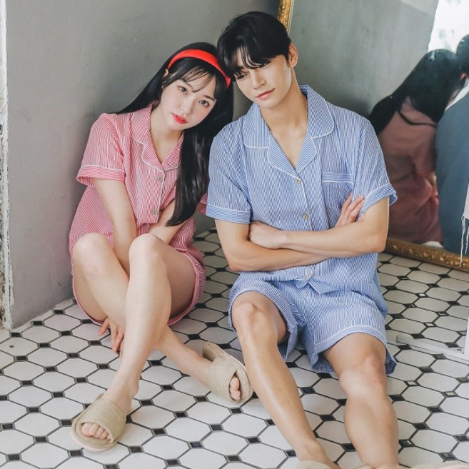 글램공감 지지미 줄무늬 반팔투피스 시어서커 커플파자마 여름잠옷 상하세트