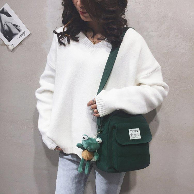 帆布斜挎包 韓版少女心軟妹風, 綠色