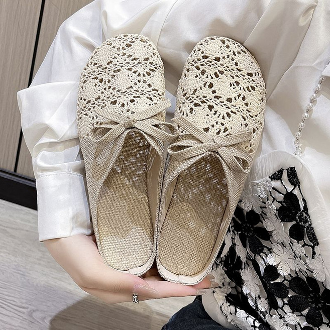 Makone 여성 스타일리시 슬리퍼 메쉬 리본장식 코디 린넨 패치춰크 뮬 플랫슈즈