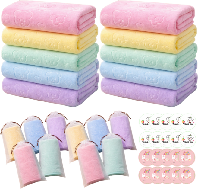 어린이집 답례품 극세사 대형 비치타올+조리백+스티커 세트, 10개, 5색