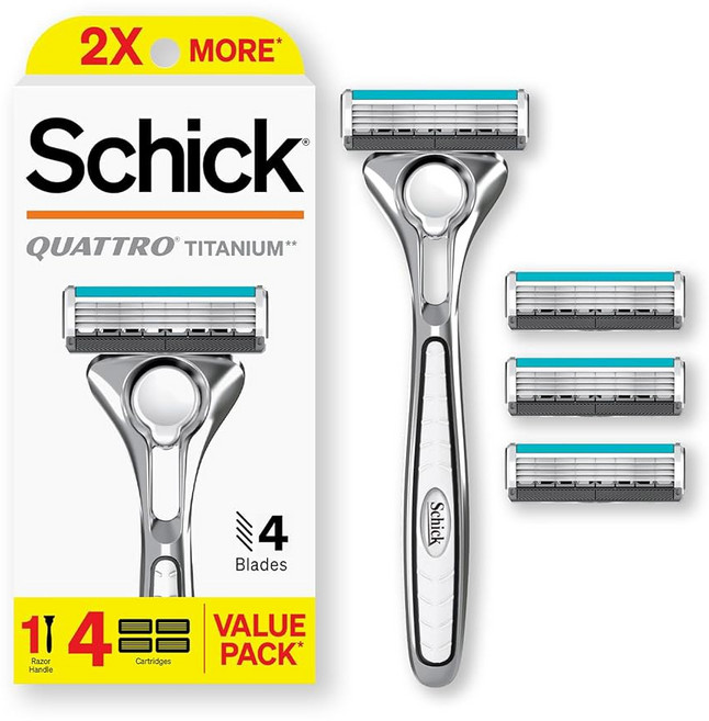 Schick Quattro 티타늄 면도기 면도기 손잡이 1개 및 카트리지 4개 | 남성용 면도 면도기 면도용 블레이드 남성용 면도기 4개 면도날 리필 4개가 있는 손잡이