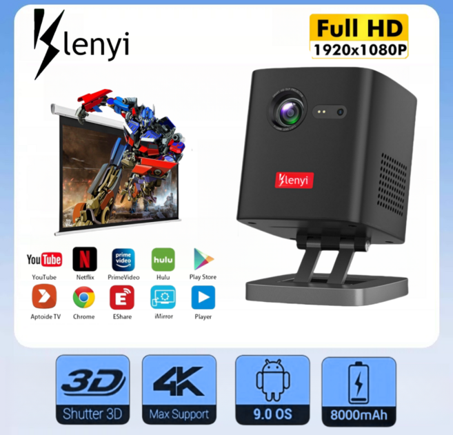 90° 조절 가능한 베이스 스탠드가 있는 스마트 미니 프로젝터 8000mAh 배터리 구동 휴대용 3D 4K 안드로이드 프로젝터, C1000