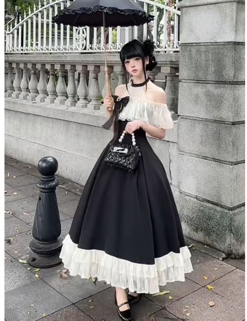 天鵝之夢 露肩 收腰 顯瘦 連衣裙, 黑色連衣裙,L