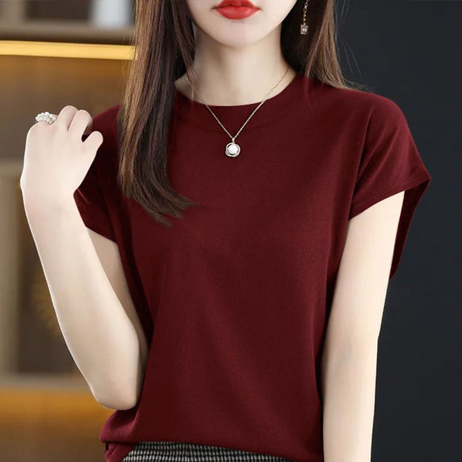 ROYALBELLE 여성 라운드넥 반팔 티셔츠 데일리 캐주얼 패션 루즈핏 니트 티셔츠 V060322