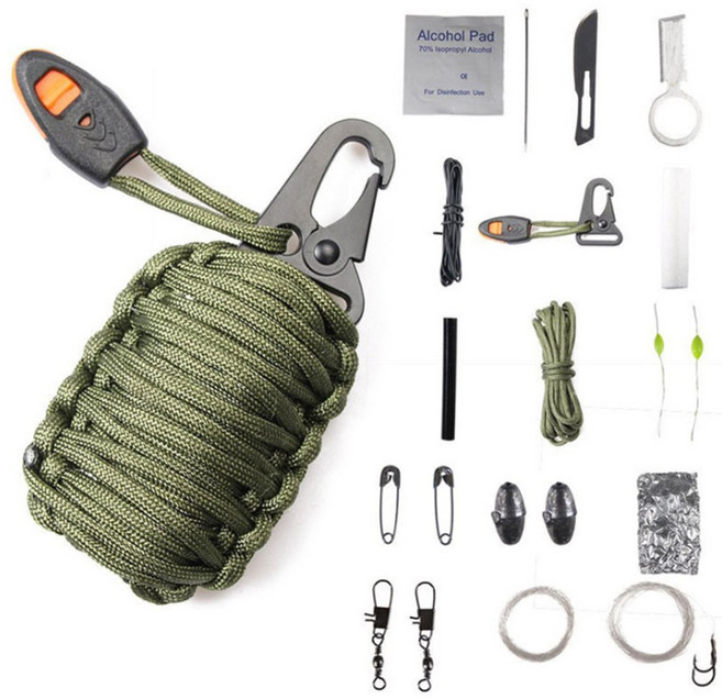 휴대용 등산 생존키트 키링 재난용품 호루라기 파라코드 로프 카라비너 키홀더, 색상랜덤, 1개