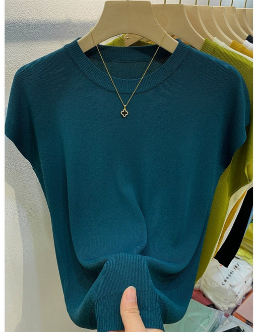 短袖T恤女新款冰絲針織衫夏季薄款寬鬆顯瘦圓領打底衫上衣