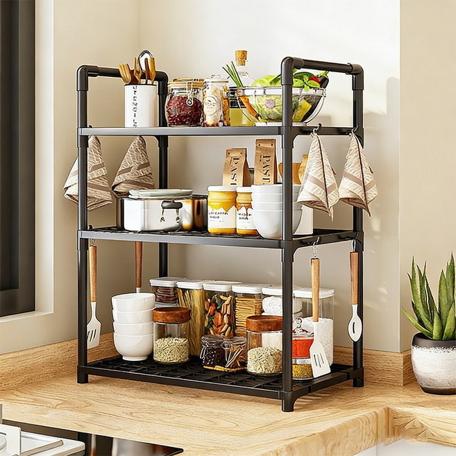 베랄롤 다용도 주방 선반 조립식 진열장 거실 욕실 가정용 전자레인지 다층 거치대, 3단, 블랙